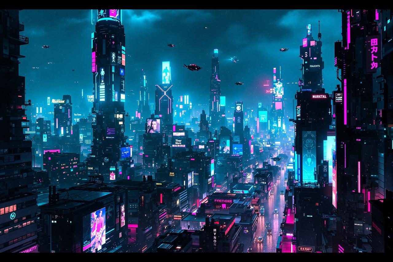 魅影视频 - 科幻未来城市夜景,霓虹光影交织的赛博朋克风格都市天际线